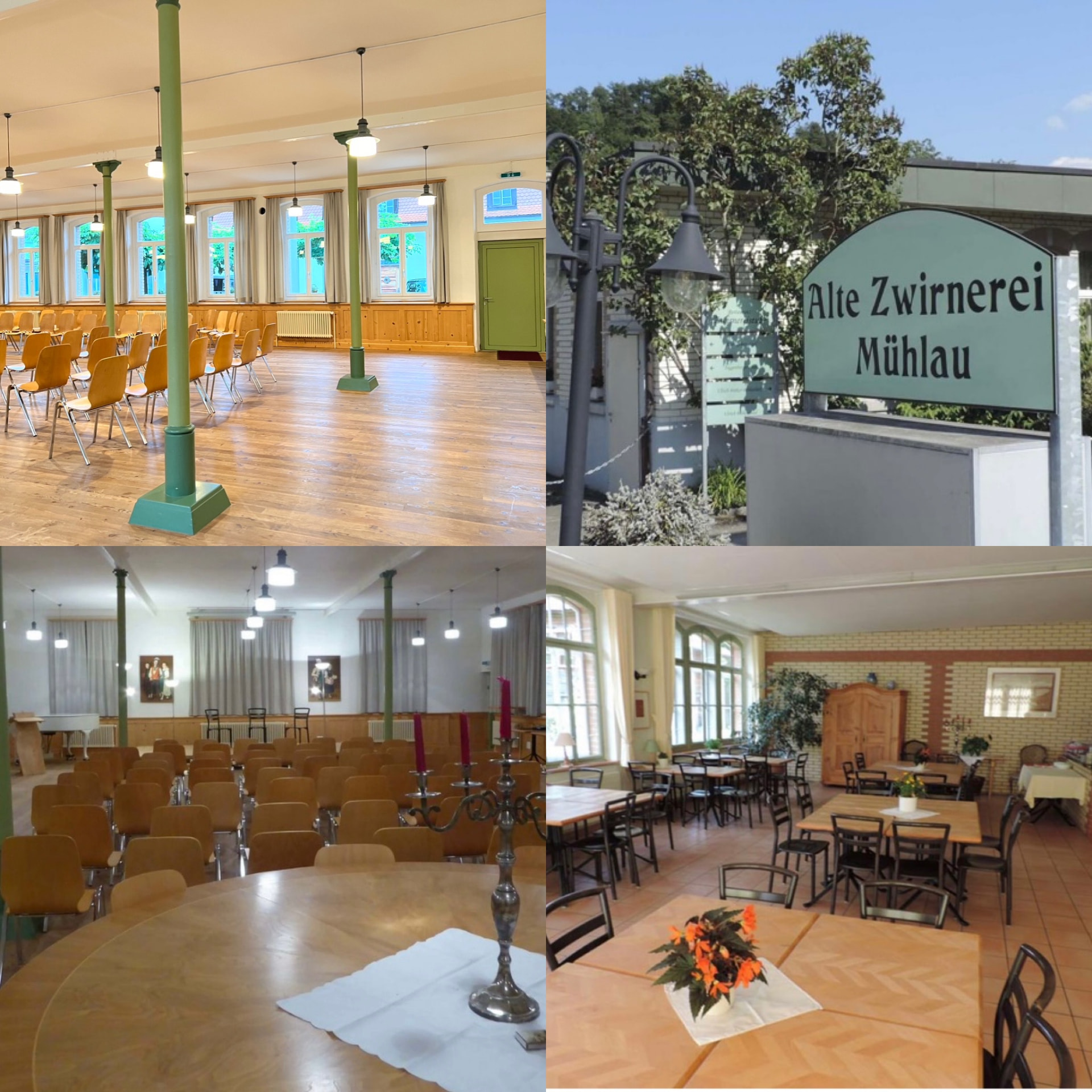 Räumlichkeiten der Alten Zwirnerei Mühlau: Festsaal, Eingangsschild und Gaststube