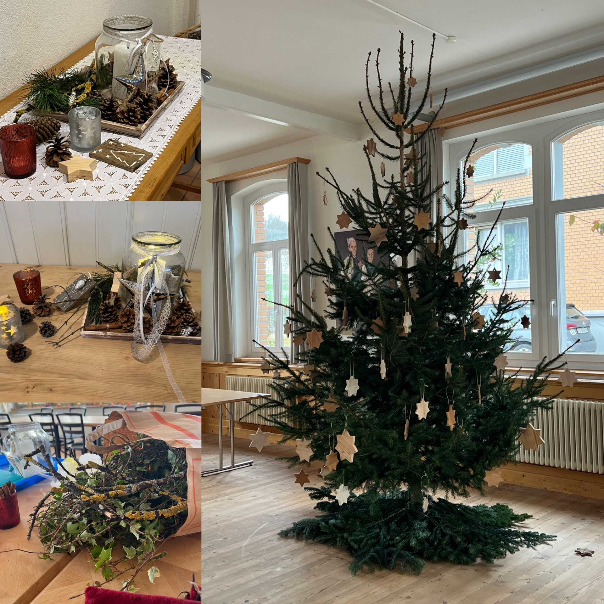 Weihnachtliche Dekoration und geschmückter Christbaum im Saal der Zwirnerei